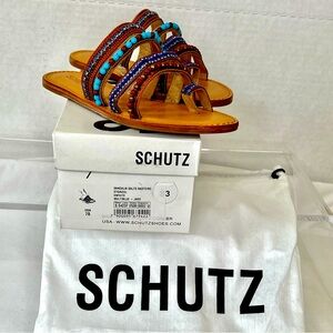 Schutz Multi Blue Beaded Rhinestone Flat Sandals, Women’s 7, New in Box